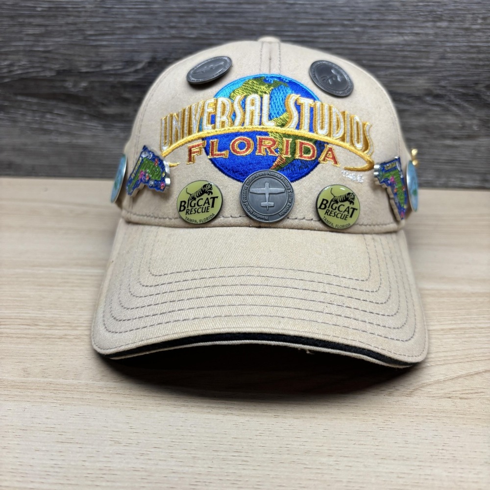 Universal Studios Florida Hat Cap Strap Back Tan Souvenir Pins Theme Park Mens